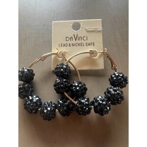 DaVinci Black Faceted Bead Hoop Earrings Gold Modern Glam Dark Boho Statement